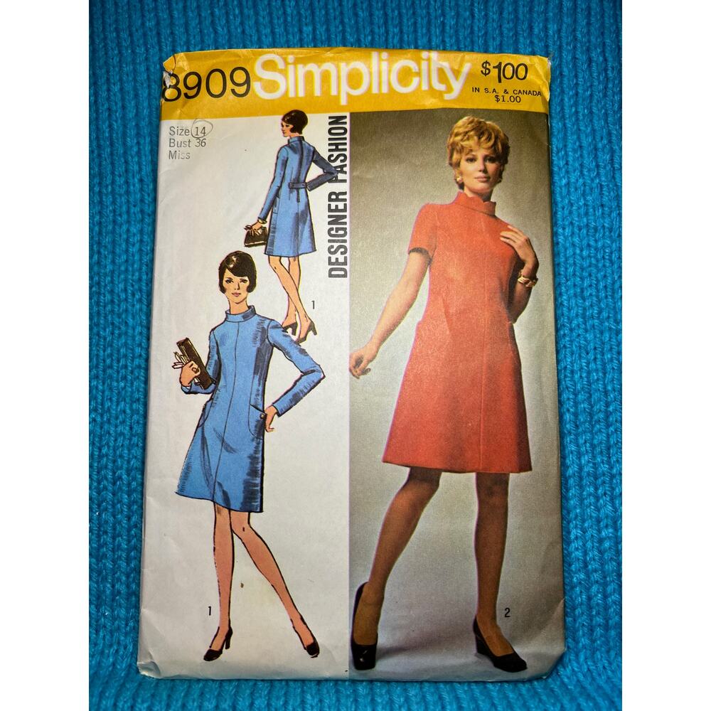 Simplicity pattern 8909 dress fit and flare long short sleeve 1960s size 14